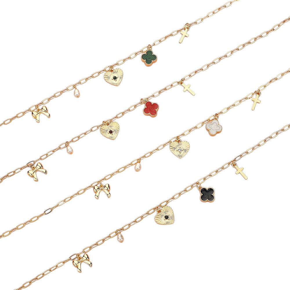 Heart Bow Pearl Quatrefoil Cross Charm Station Paperclip Chain Necklace is a timeless addition to any jewelry collection. The delicate details of the heart-shaped charm and pearl quatrefoil cross add a touch of sophistication to any outfit. The sturdy paperclip chain ensures durability and easy wear. Perfect for any occasion, it's a must-have for every fashion-forward individual.