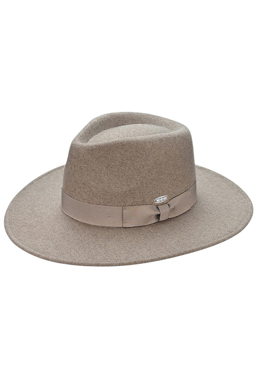 Heather Taupe C.C Grosgrain Bow Vegan Felt Panama Hat is crafted from vegan felt for a cruelty-free and sustainable option. With a stylish grosgrain bow detail, this hat adds a touch of elegance to any outfit. Perfect for all seasons, this panama hat offers both fashion and functionality.