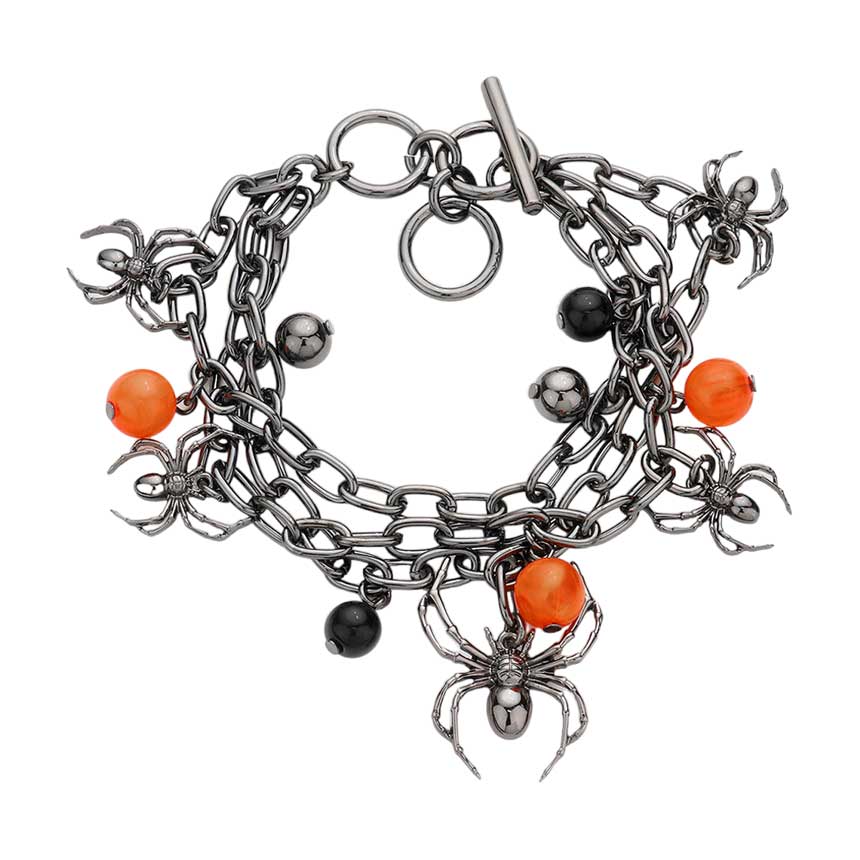 Hematite Metal Spider Charm Triple Layered Toggle Bracelet, enhance your attire with this beautiful Halloween bracelet to show off your fun trendsetting style at Halloween. It can be worn with any daily wear. This is the perfect gift for Halloween, especially for your friends, family, and the people you love and care about.