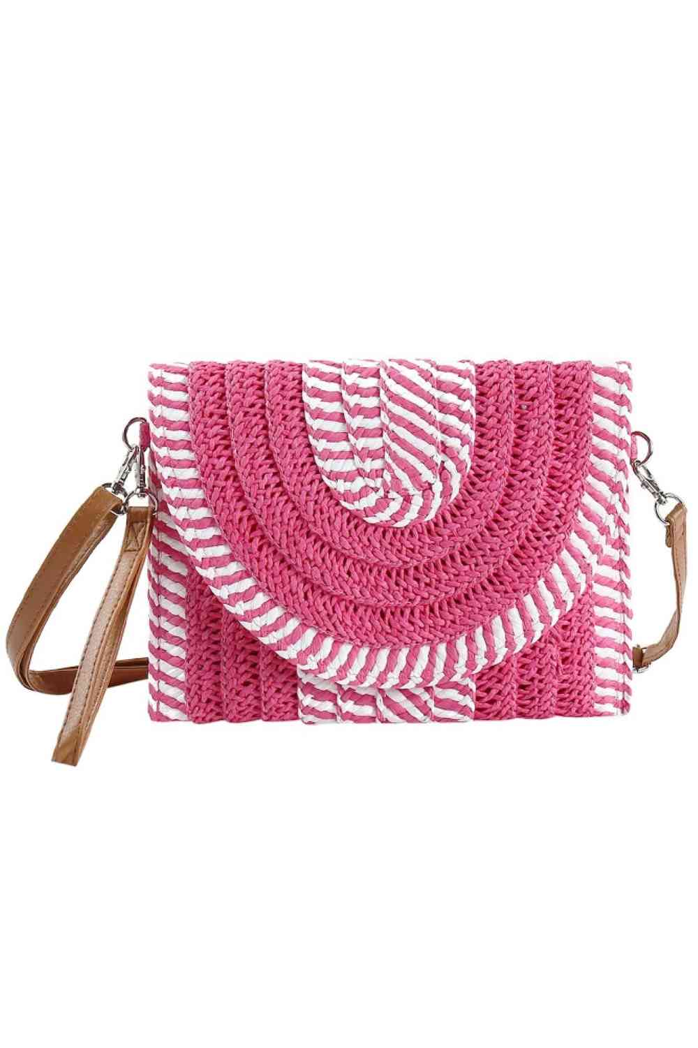 Hot Pink Two Tone and Stripe Pattern Straw Crossbody Bag combines natural straw craftsmanship with a stylish striped design, offering both durability and a chic aesthetic. Its lightweight construction and adjustable crossbody strap provide comfortable, hands-free wear, making it ideal for everyday use or travel. The spacious interior accommodates essentials securely, while the unique two-tone pattern adds a sophisticated touch to any outfit.