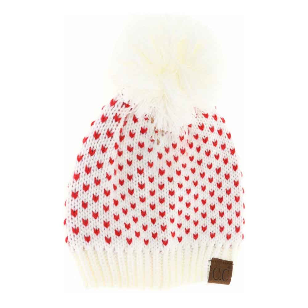 C.C Heart Pattern Knit Pom Beanie - Ivory Red - Beanies