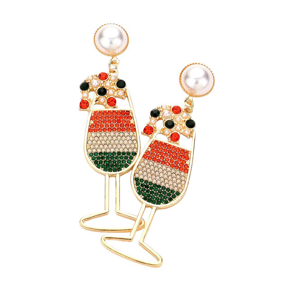 Irish St Patrick's Day Pearl Stone Paved Champaign Glass Dangle Earrings, Celebrate St. Patrick's Day in style. Made with high-quality materials, these earrings feature a unique design of Champaign glass adorned with sparkling stones and pearls. Perfect for adding a touch of festive fun to any outfit.