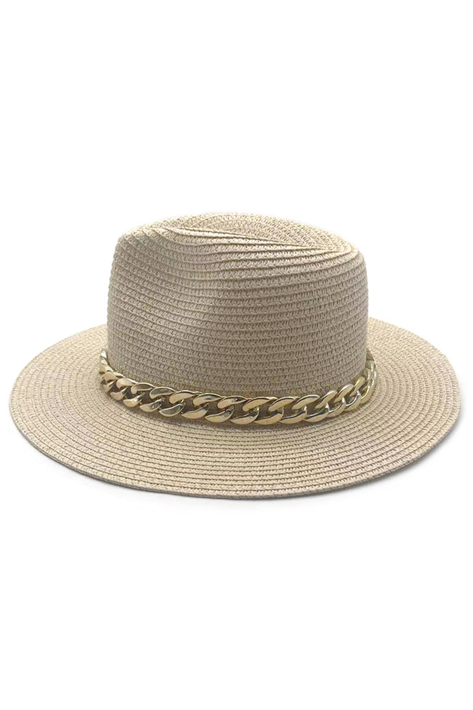 Ivory Chain Band Panama Hat represents the pinnacle of hatmaking craftsmanship, featuring meticulous hand-weaving techniques that create an exceptionally balanced texture and form. The signature metal chain embellishment provides both structural reinforcement and distinctive visual contrast against the natural straw. It's precisely calibrated brim offers optimal sun protection without compromising the hat's refined silhouette.