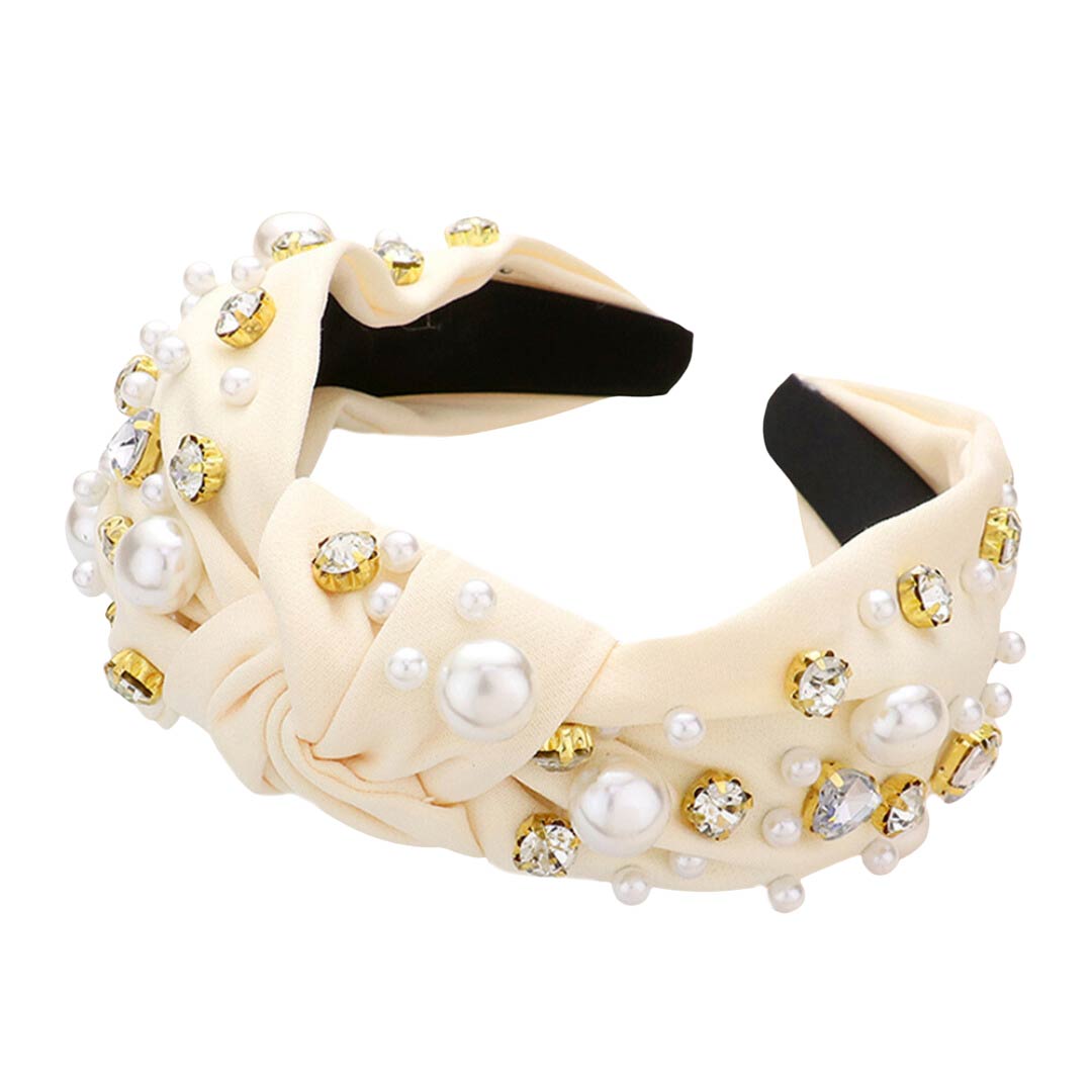 Ivory Pearl Round Stone Embellished Knot Burnout Headband, create a natural & beautiful look while perfectly matching your color with the easy-to-use stone burnout headband. Push your hair back and spice up any plain outfit with this pearl round heart knot headband! Be the ultimate trendsetter & be prepared to receive compliments wearing this chic headband with all your stylish outfits!