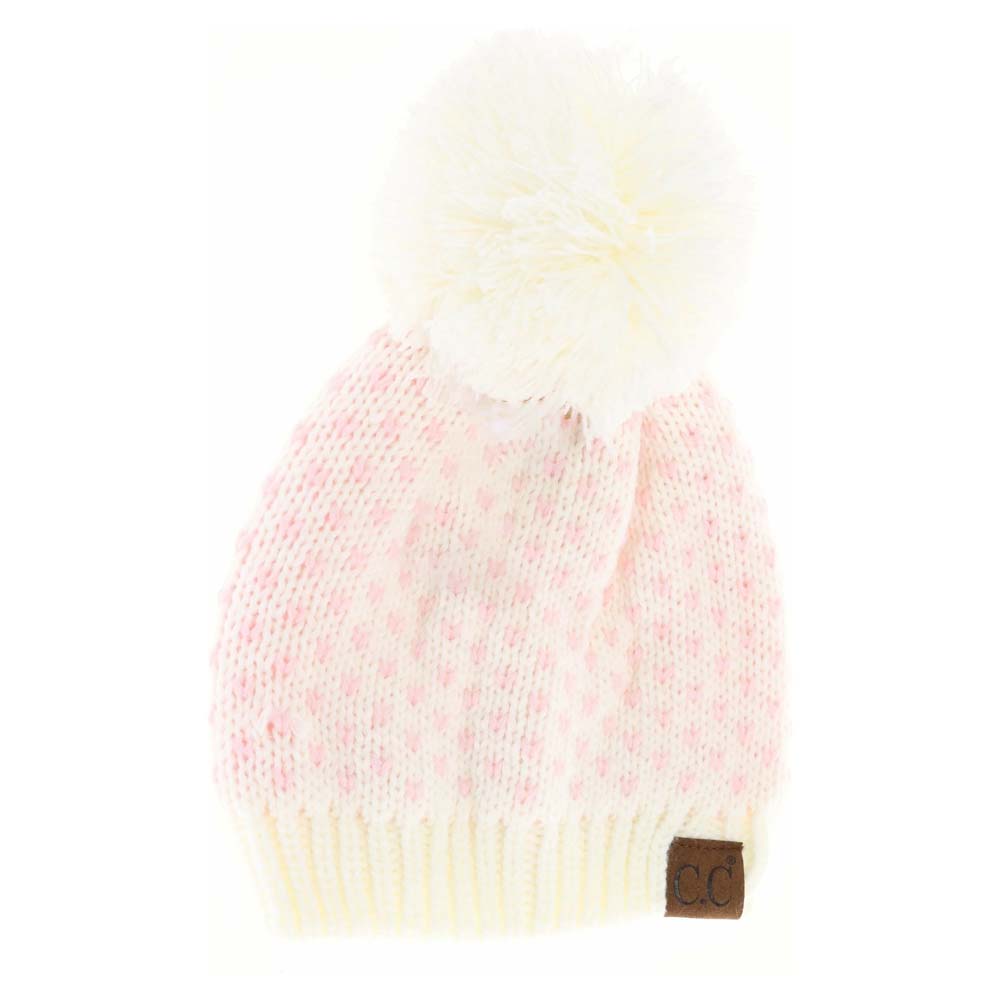 Ivory-Pink C.C Heart Pattern Knit Pom Beanie Hat, before running out the door into the cool air, you’ll want to reach for this toasty beanie to keep you incredibly warm. Awesome winter gift accessory! Perfect Gift Birthday, Christmas, Stocking Stuffer, Secret Santa, Holiday, Anniversary, Valentine's Day, Loved One.