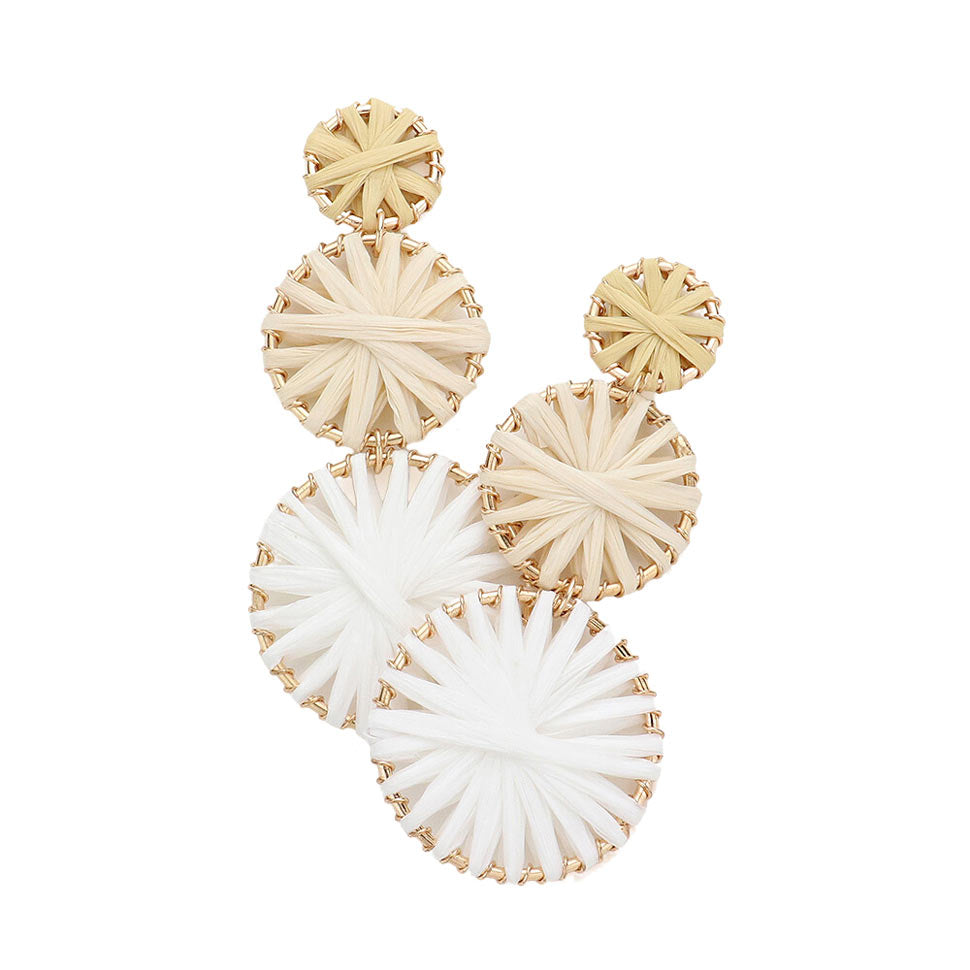 Ivory Raffia Wrapped Triple Circle Link Dangle Earrings, turn your ears into a chic fashion statement with these triple circle link dangle earrings! The beautifully crafted design adds a gorgeous glow to any outfit. These beautifully unique designed earrings with beautiful colors are suitable as gifts for wives, girlfriends, lovers, friends, and mothers. An excellent choice for wearing at outings, parties, events, etc.