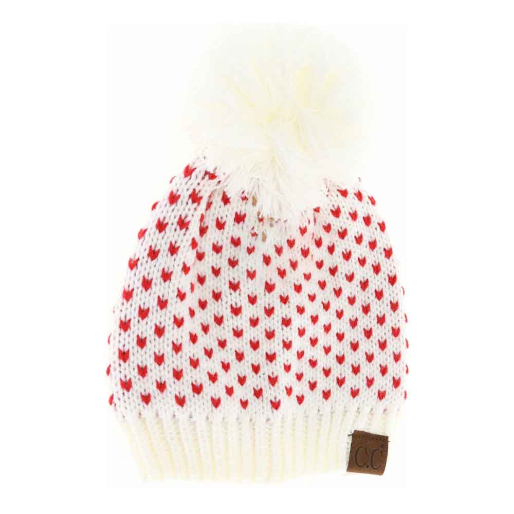 Ivory-Red- C.C Heart Pattern Knit Pom Beanie Hat, before running out the door into the cool air, you’ll want to reach for this toasty beanie to keep you incredibly warm. Awesome winter gift accessory! Perfect Gift Birthday, Christmas, Stocking Stuffer, Secret Santa, Holiday, Anniversary, Valentine's Day, Loved One.