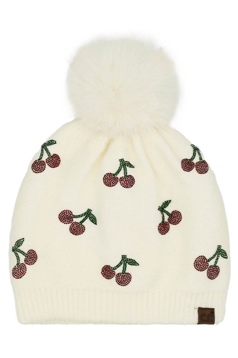 Ivory C.C Rhinestone Cherry Pattern Pom Beanie Hat sparkles with playful cherry motifs and rhinestone accents, finished with a fluffy pom for a fun, winter-ready look. Designed with a soft stretch fit, it delivers cozy warmth while adding a touch of glam to your cold-weather outfits.