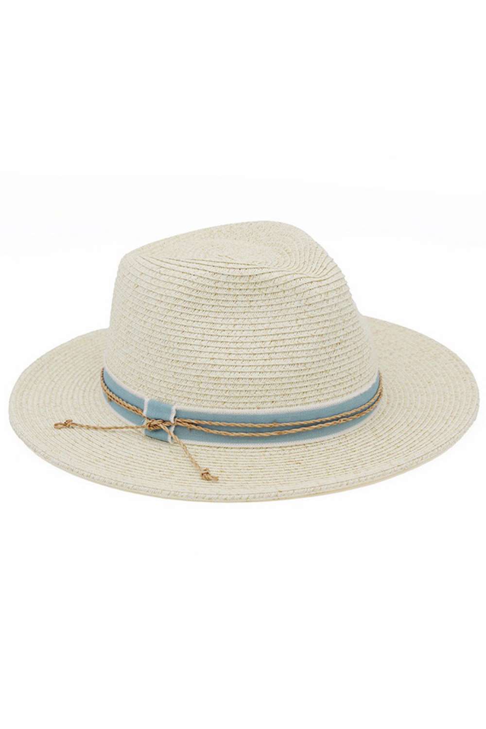 Ivory Elevate your sun style with this classic straw fedora, crafted from a breathable 80% paper and 20% polyester blend. The sophisticated contrast ribbon paired with intricate braided cord detailing adds a refined touch to any warm-weather outfit. Built-in UPF 50+ protection shields your face and neck from harmful rays, making it as practical as it is fashionable. Perfect for beach days, garden parties, or casual outings. Lightweight and comfortable for all-day wear.