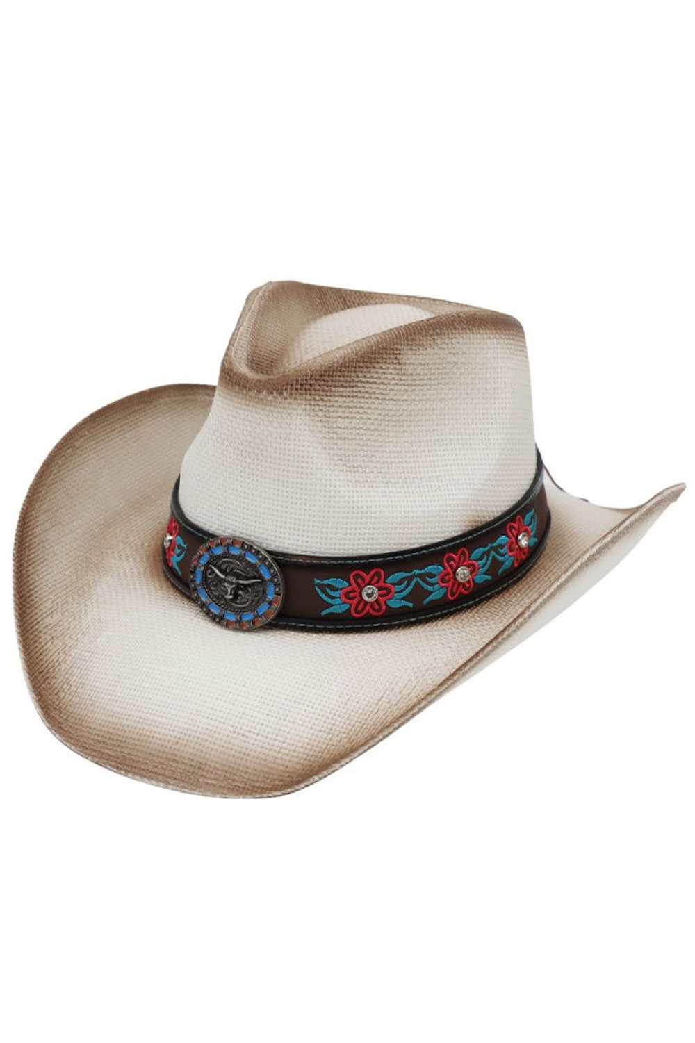 Ivory Elevate your western style with this striking straw cowboy hat, featuring intricate rhinestone flower embroidery and an iconic longhorn steer concho. Crafted from 100% paper straw, it offers breathable comfort for all-day wear. Perfect for rodeos, country events, or making a bold fashion statement. The detailed embellishments add a touch of glamour to classic cowboy charm.