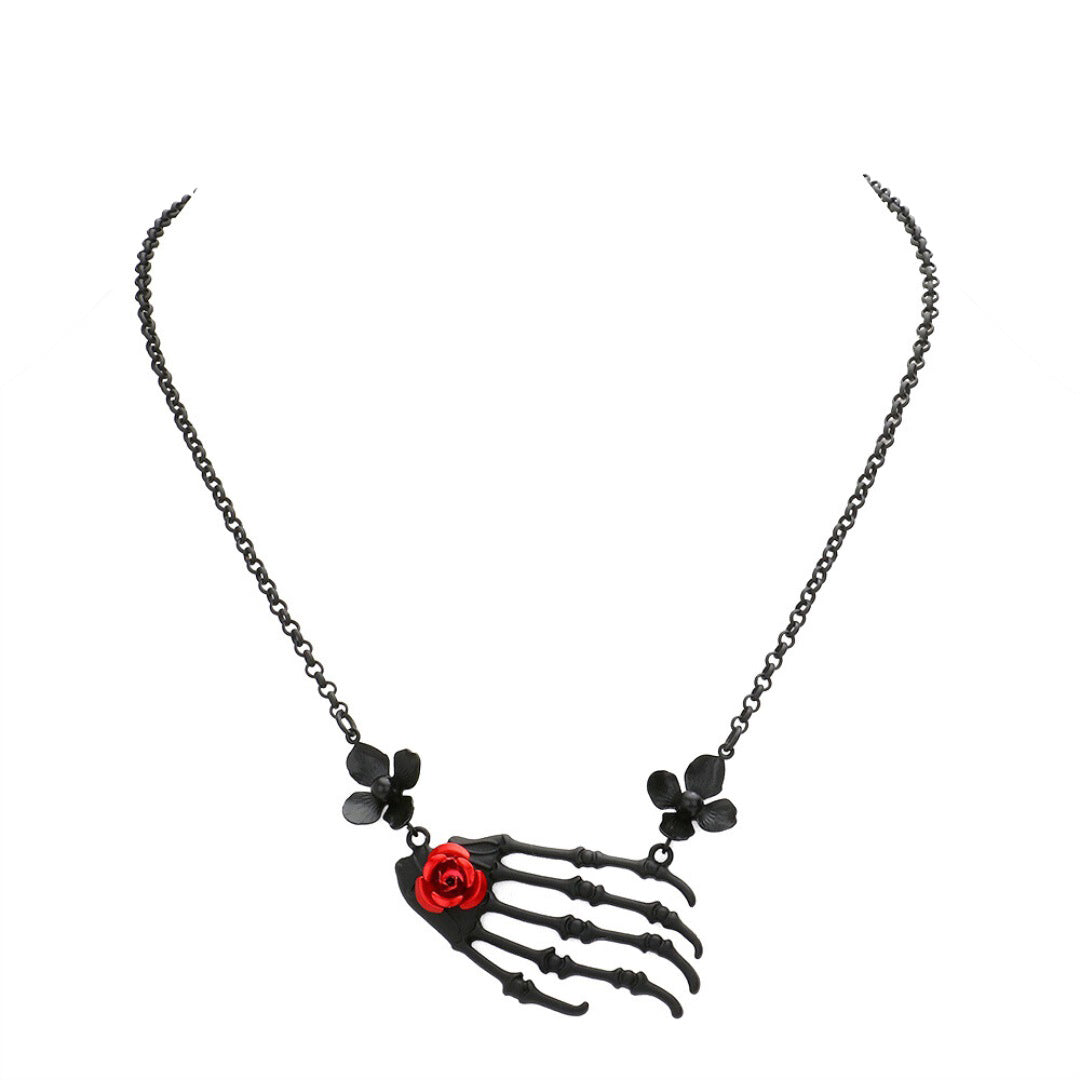Jet Black Flower Skeleton Skull Hand Pendant Necklace. Beautifully crafted design adds a gorgeous glow to any outfit. Jewelry that fits your lifestyle! Perfect Birthday Gift, Anniversary Gift, Mother's Day Gift, Anniversary Gift, Graduation Gift, Prom Jewelry, Just Because Gift, Thank you Gift.