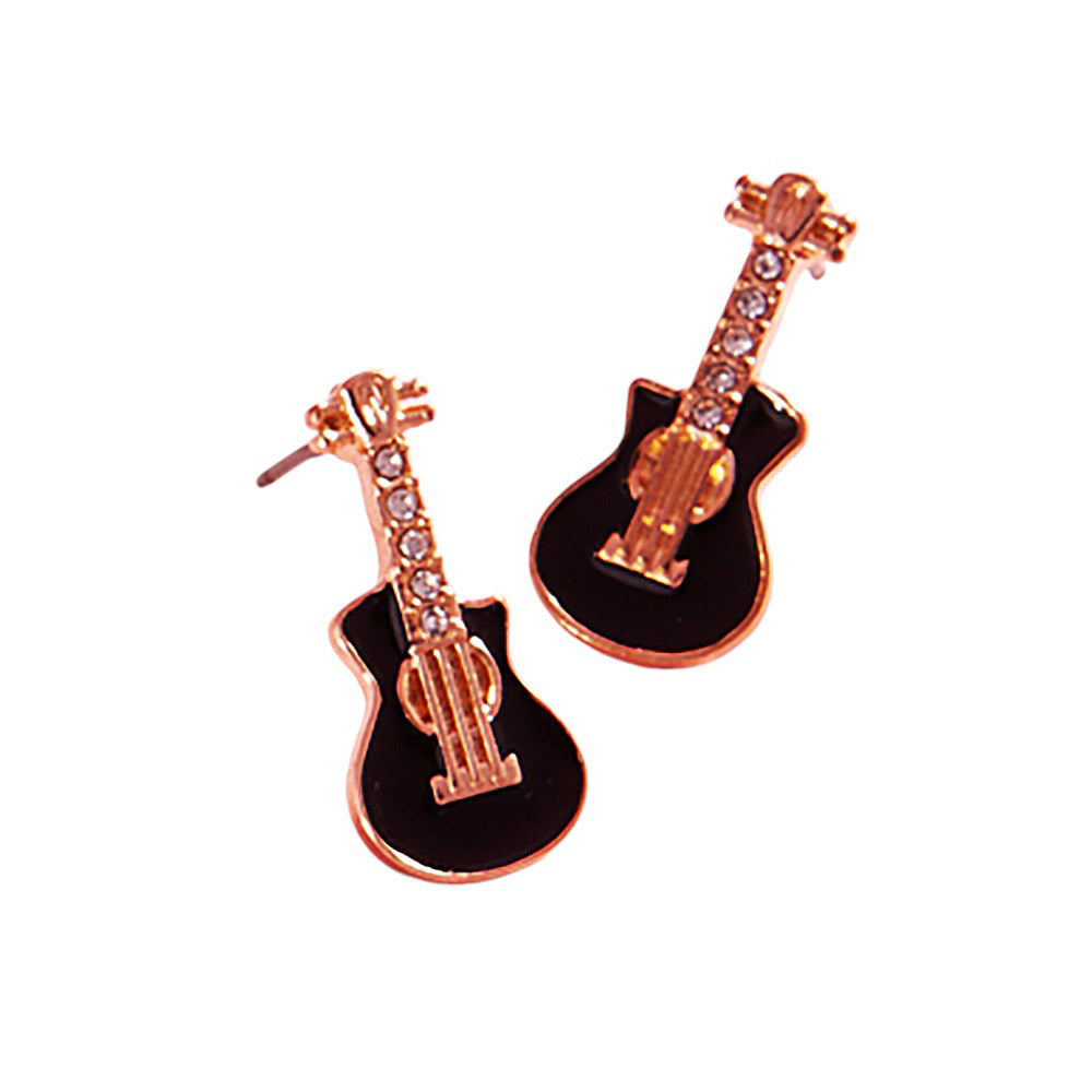 Jet-Black-Stone Paved Enamel Guitar Stud Earrings, A stylish and unique addition to any jewelry collection. With a delicate design and expert craftsmanship, these earrings offer a sophisticated touch to any outfit. Made with high-quality materials, they are durable and long-lasting and perfect gift for your friends and lovers