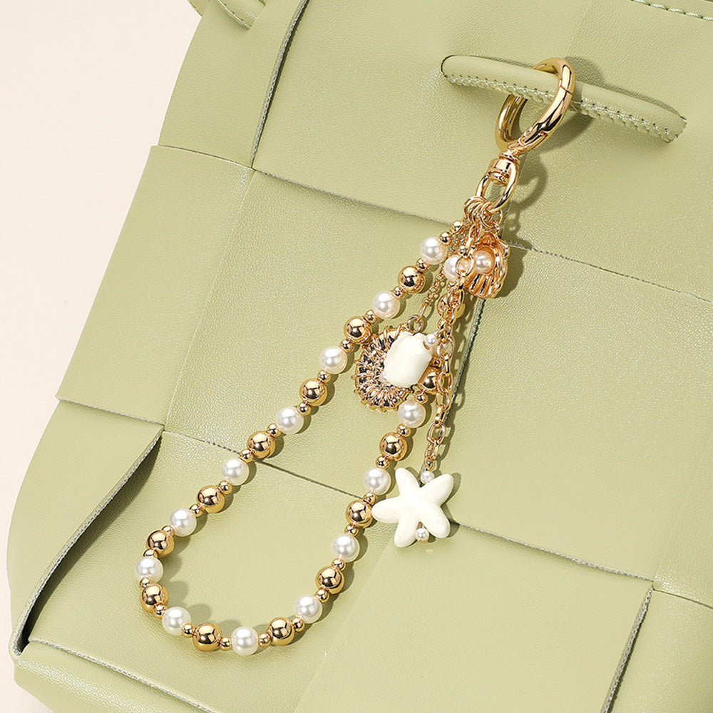 Gold, White Ceramic Starfish Seashell Metal Pearl Sea Shell Charm Embellished Floral Ceramic Metal Ball Beaded Wristlet Keychain / Bag Charm