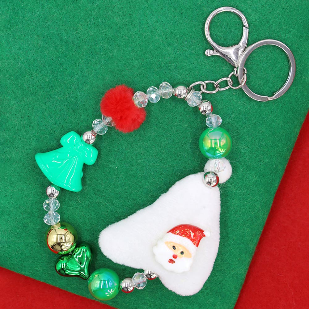 Multi, Snowman Plush Doll Pointed Charm Beaded Stretch Christmas Keychain