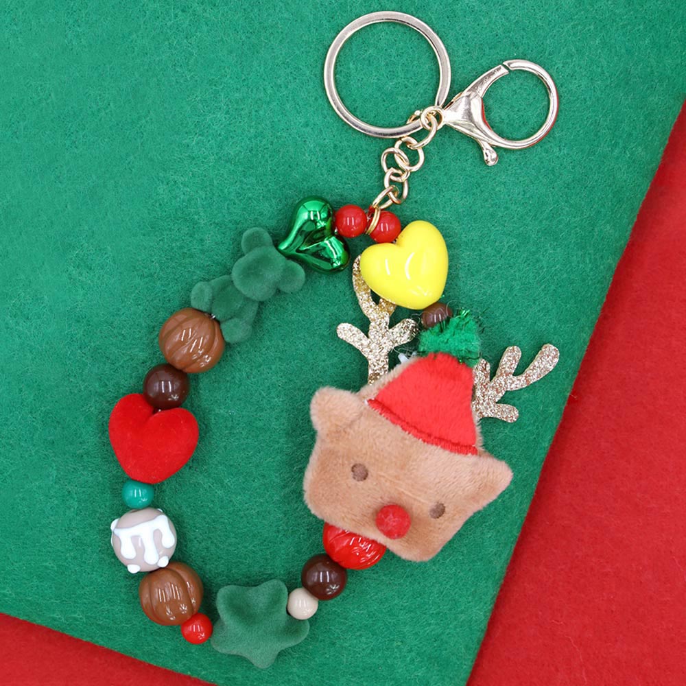Multi, Rudolph Plush Doll Pointed Charm Beaded Stretch Christmas Keychain