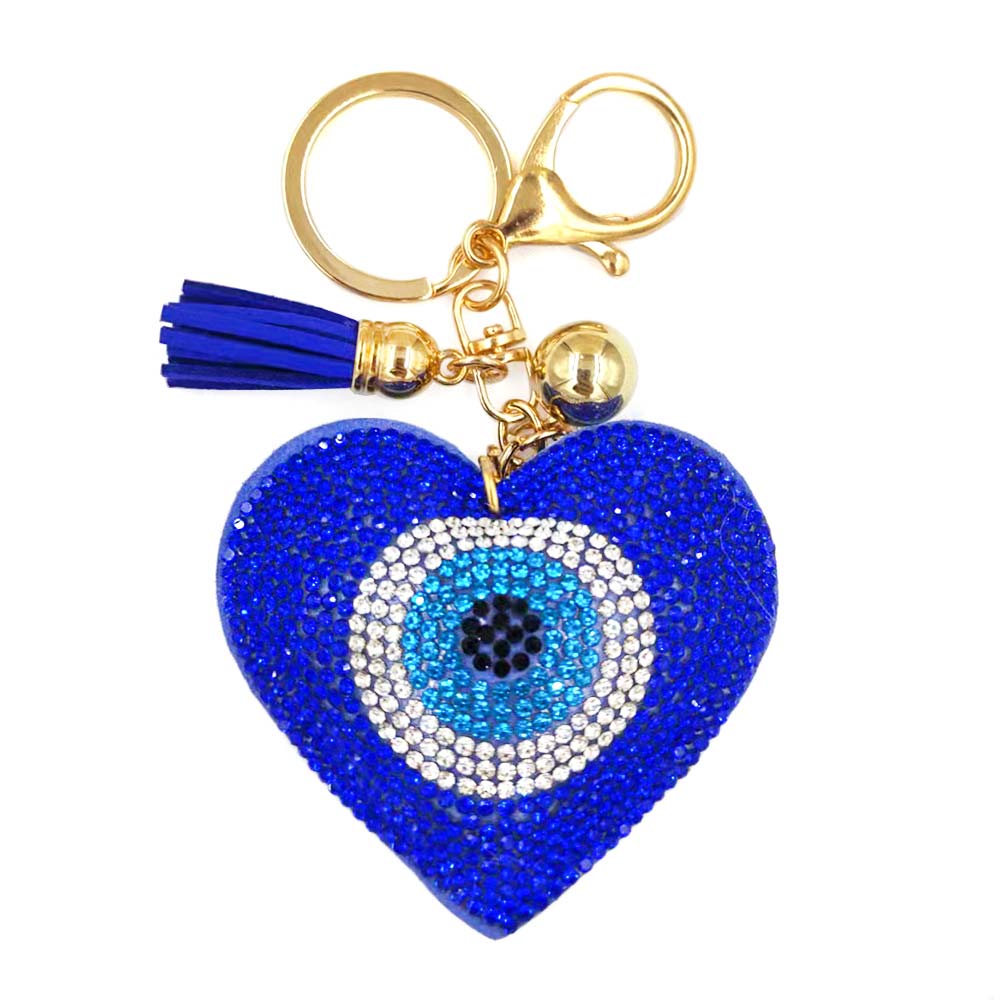 Madeline Love Blue Bling Studded Heart Evil Eye Tassel Keychain Bag Charm - Bags & Wallets - extra