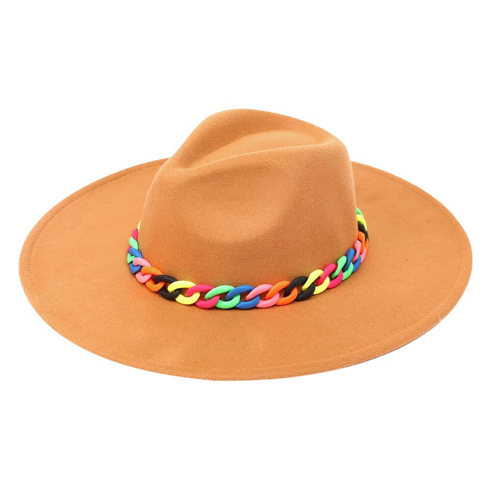 Khaki Colorful Chain Accented Solid Panama Hat, a beautiful & comfortable Panama hat is suitable for summer wear to amp up your beauty & make you more comfortable everywhere. Perfect for keeping the sun off your face, neck, and shoulders. It's an excellent gift item for your friends & family or loved ones this summer.