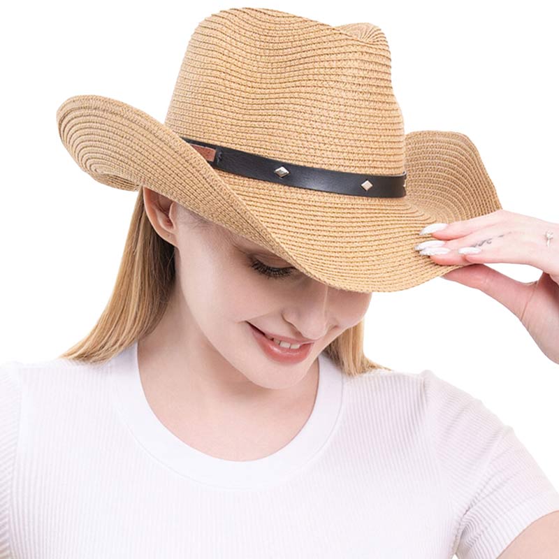 Faux Leather Band Straw Panama Sun Hat