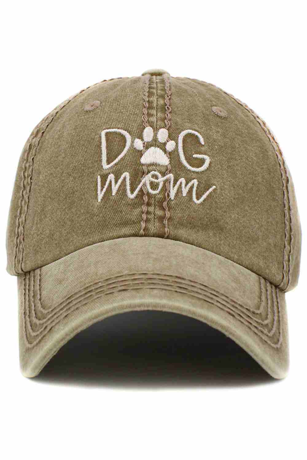 Khaki Show off your pup pride in style with the Dog Mom vintage baseball cap, featuring a classic distressed look and charming embroidered design. Comfortable and adjustable for everyday wear, this laid-back cap is perfect for walks, errands, or casual weekends with your furry friend.