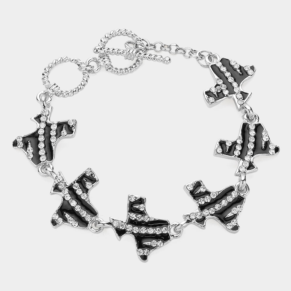 Madeline Love Black, Clear, Rhodium Zebra Patterned Stone Paved Texas State Map Link Bracelet - Bracelets