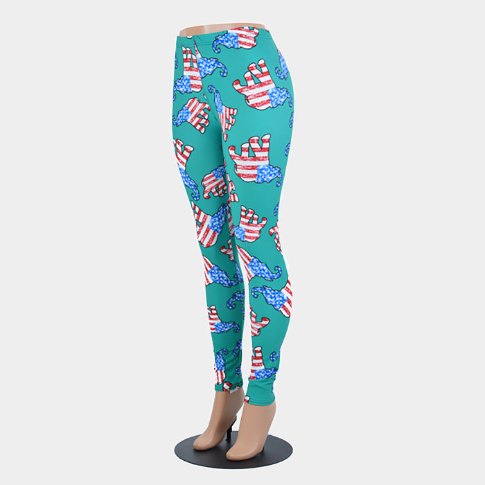 Madeline Love Turquoise American USA Flag Elephant Pattern Leggings - Apparel