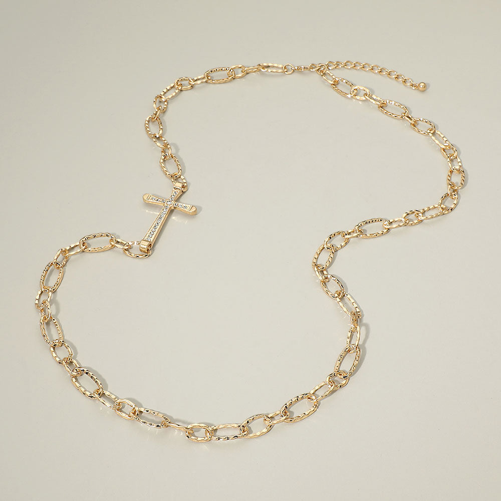 Madeline Love Clear, Worn Gold Rhinestone Pave Cross Charm Accent Textured Link Chain Long Necklace