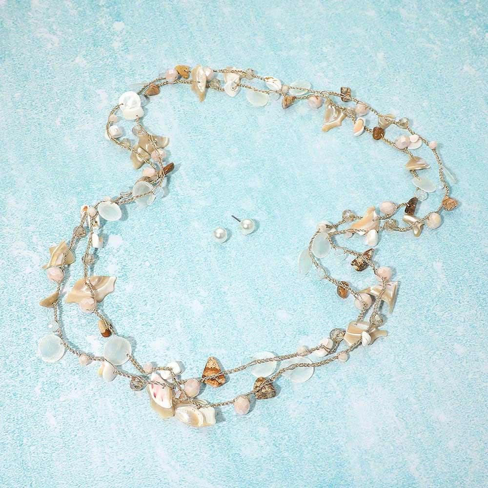 Madeline Love Neutral Coastal Shell Natural Stone Pearl Charm Station Layered Statement Long Necklace - Necklaces