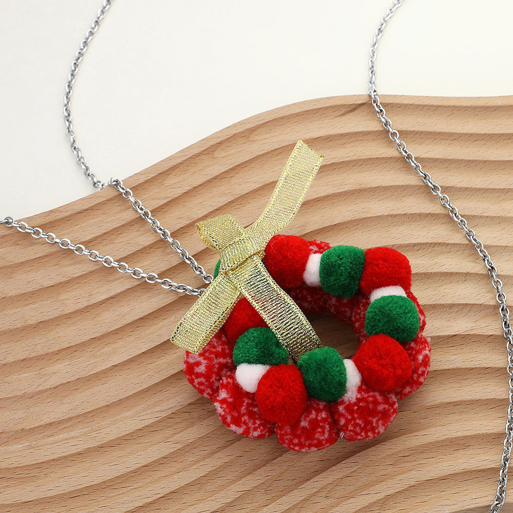 Red White, Bow Pom Pom Wreath Long Pendant Necklace