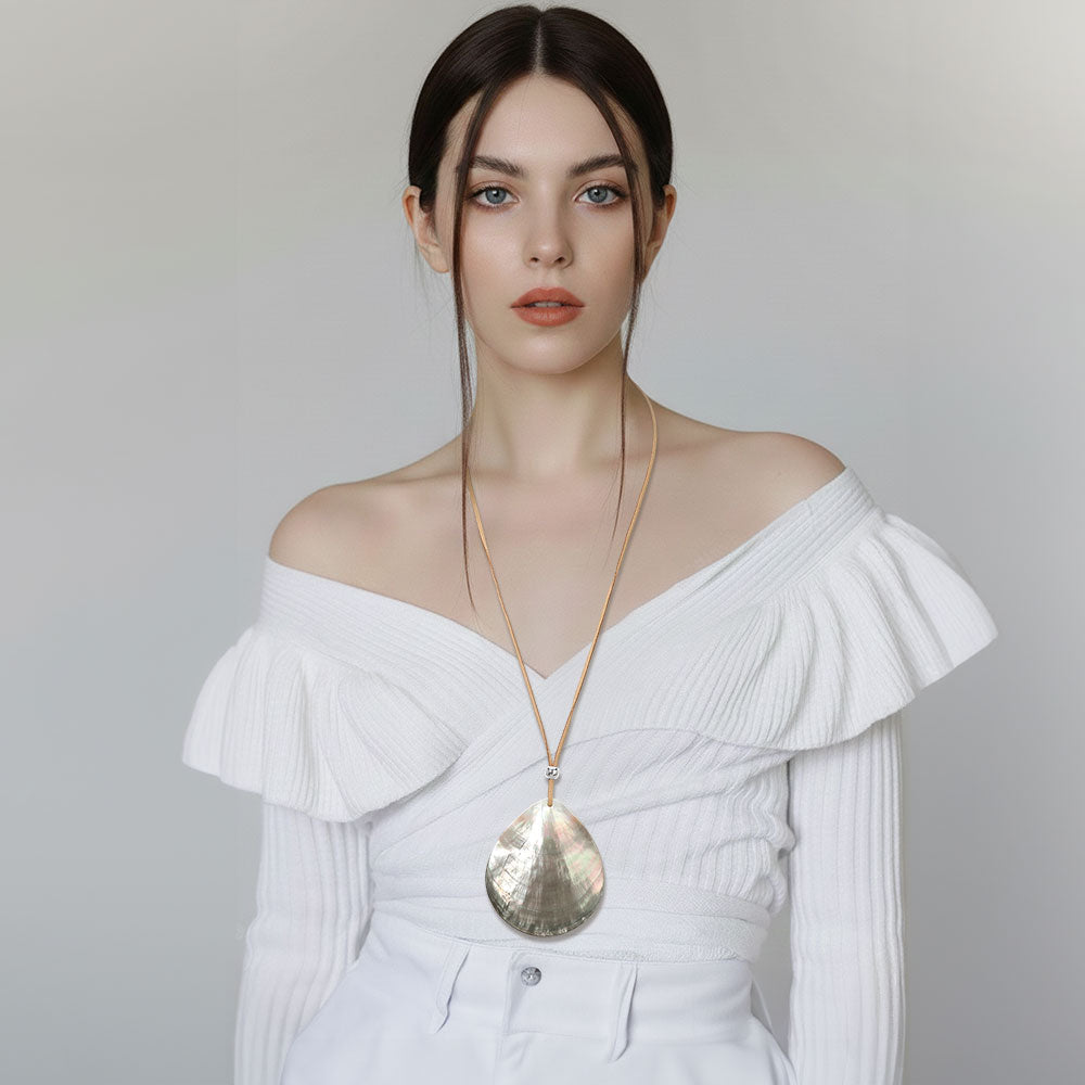 Madeline Love AB, Abalone, Rhodium Abalone Teardrop Pendant Long Necklace - Necklaces