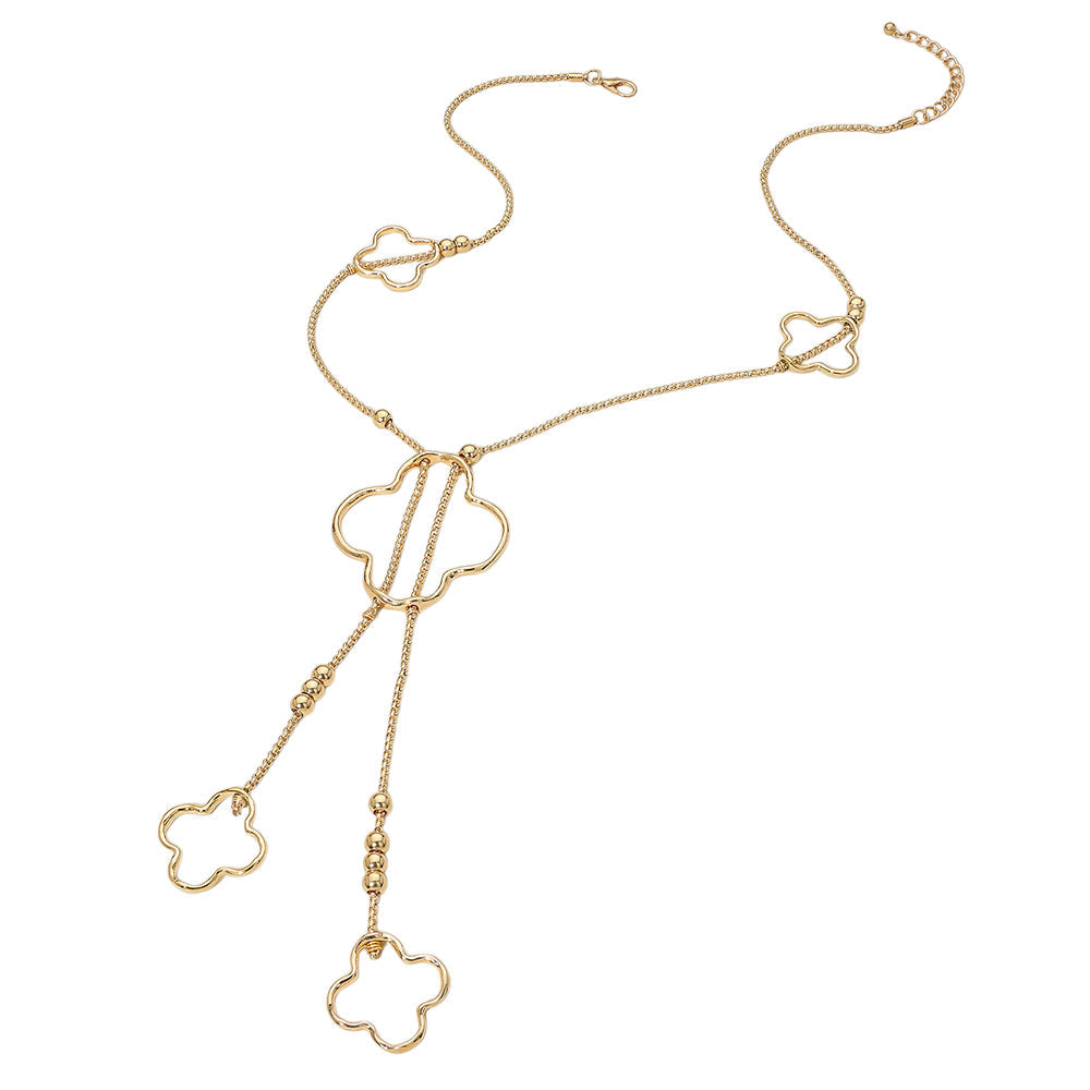 Madeline Love Gold Hammered Metal Open Quatrefoil Long Necklace - Necklaces - desc