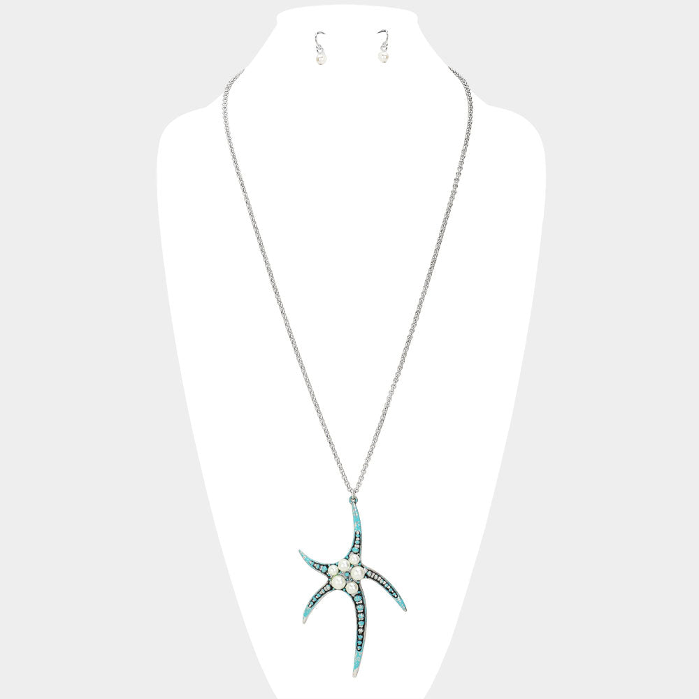Cream, Patina Verdigris Pearl Embellished Antique Metal Starfish Pendant Long Necklace