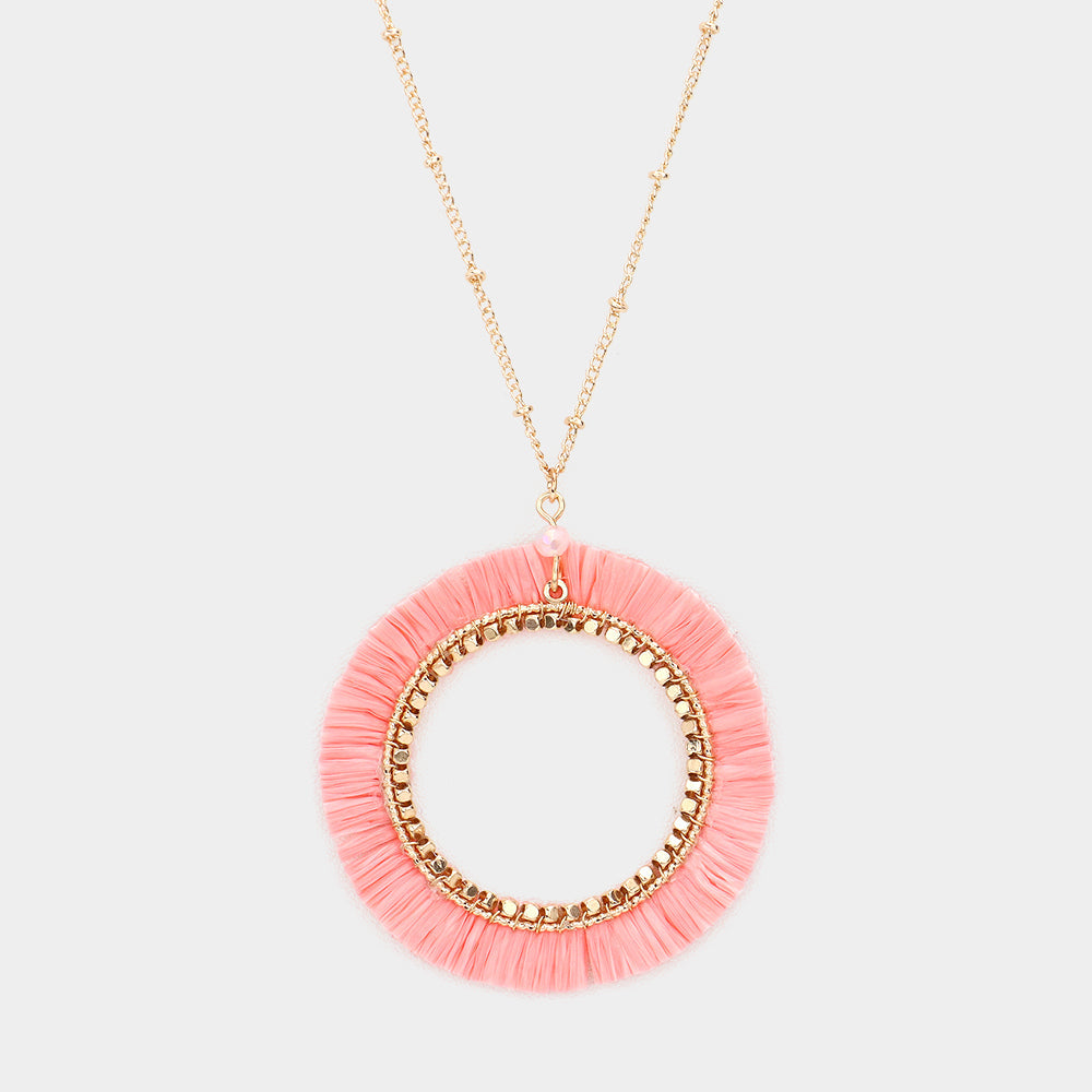 Madeline Love Pink Raffia Trimmed Open Circle Pendant Long Necklace - Necklaces