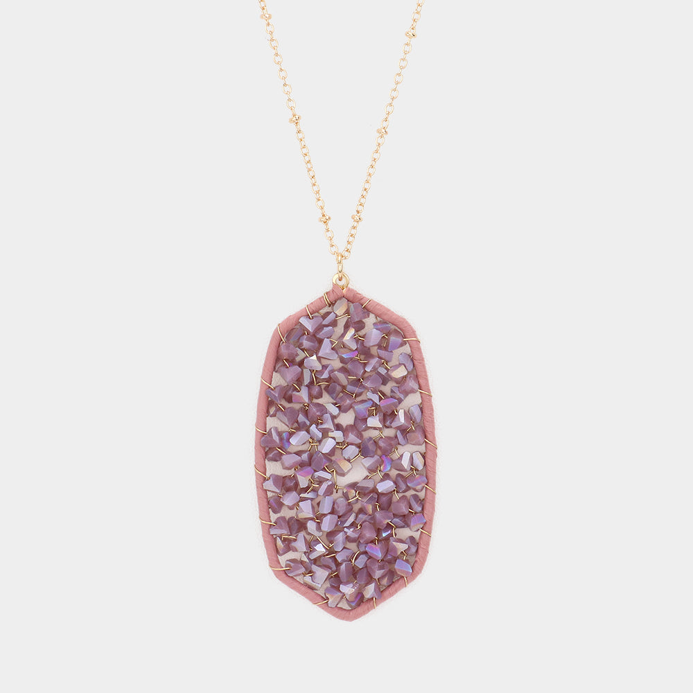 Madeline Love Amethyst Beaded Raffia Wrapped Hexagon Pendant Long Necklace - Necklaces