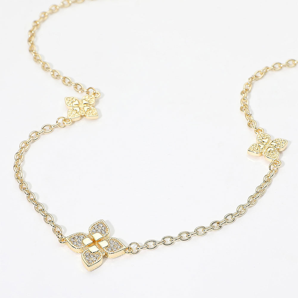 Madeline Love Gold 14K Gold Plated CZ Pave Floral Motif Station Long Necklace
