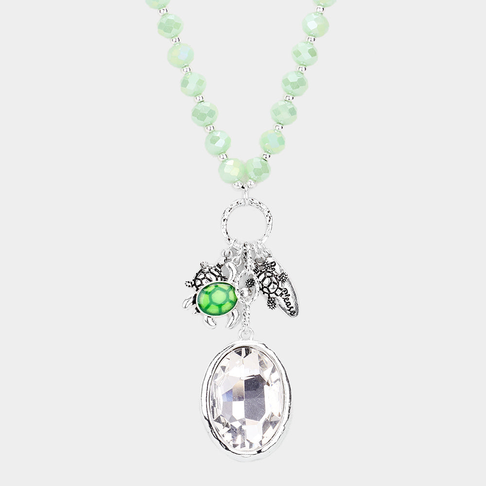 Mint Wood Faceted Beaded Turtle Oval Stone Pendant Necklace