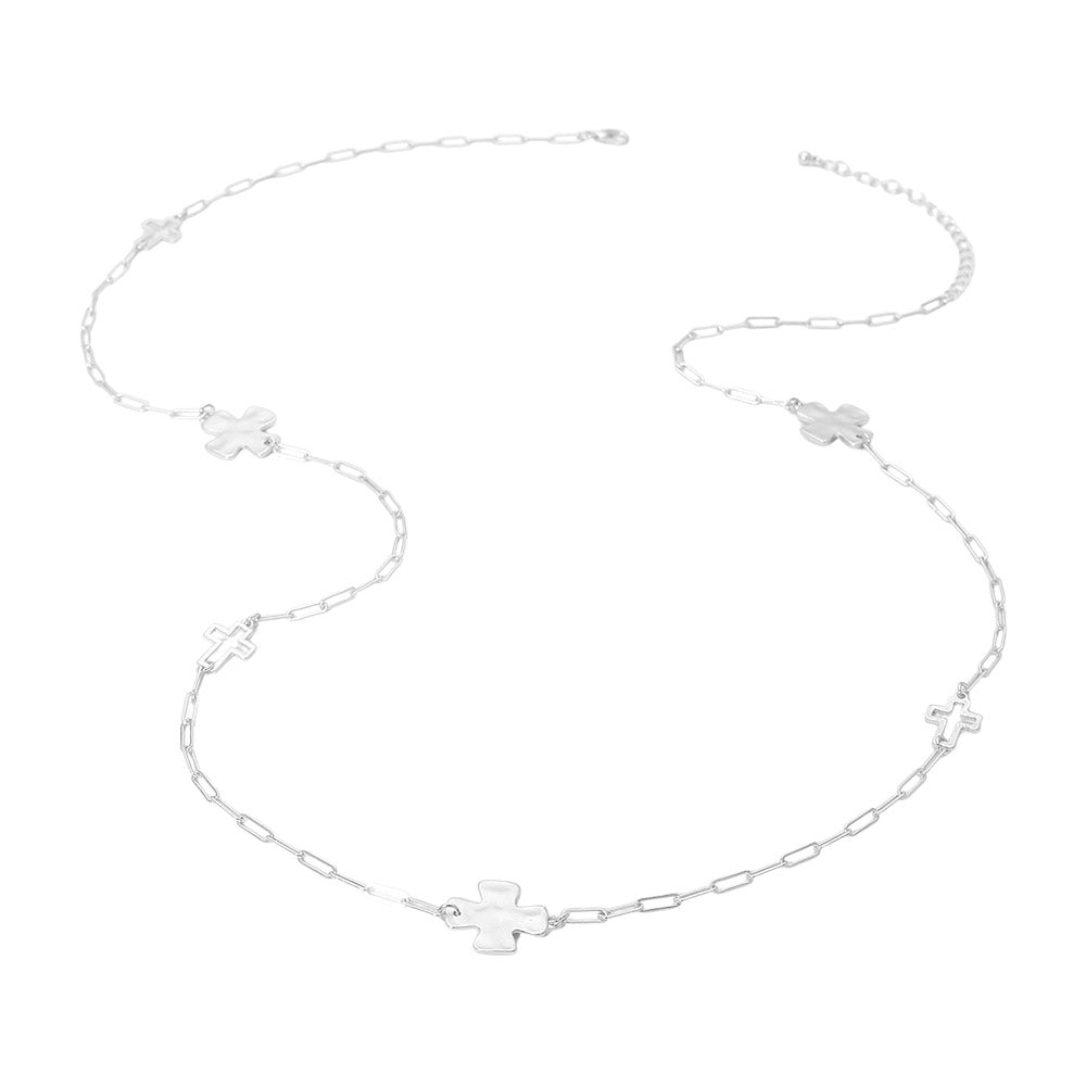 Madeline Love Silver Hammered Metal Cross Charm Station Paperclip Chain Long Necklace - Necklaces - extra