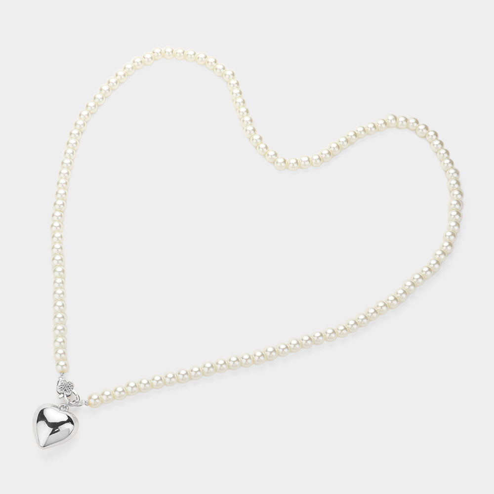Metal Heart Pendant Pearl Long Necklace - Rhodium - Necklaces