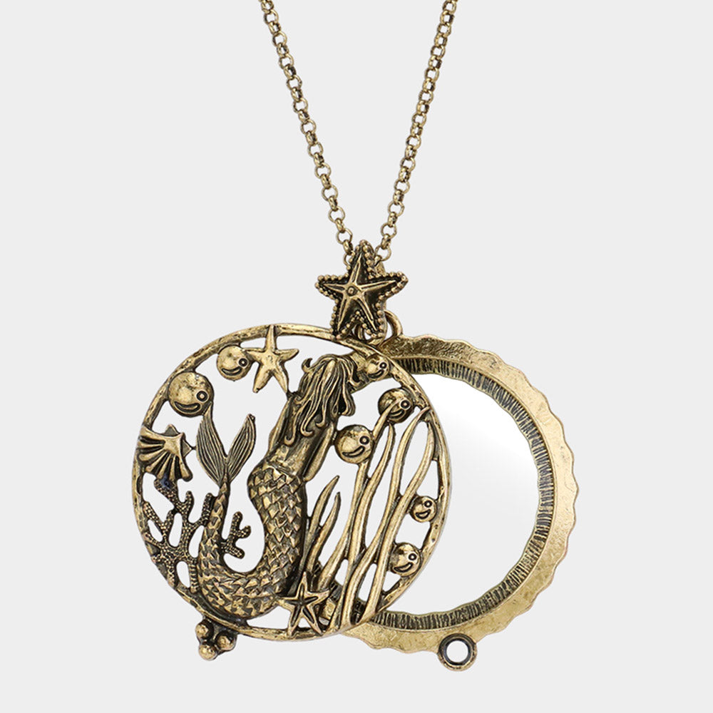 Gold Burnished Mermaid Magnifying Glass Pendant Necklace