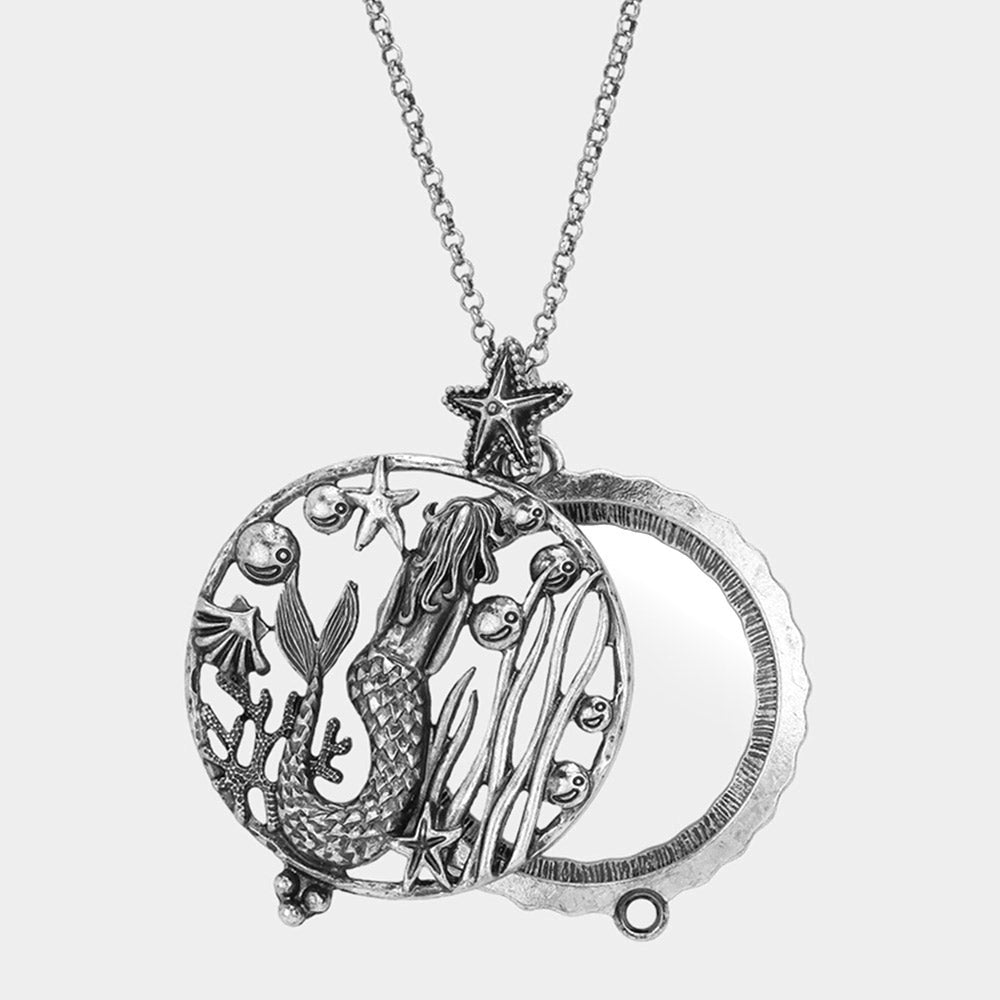 Silver Burnished Mermaid Magnifying Glass Pendant Necklace