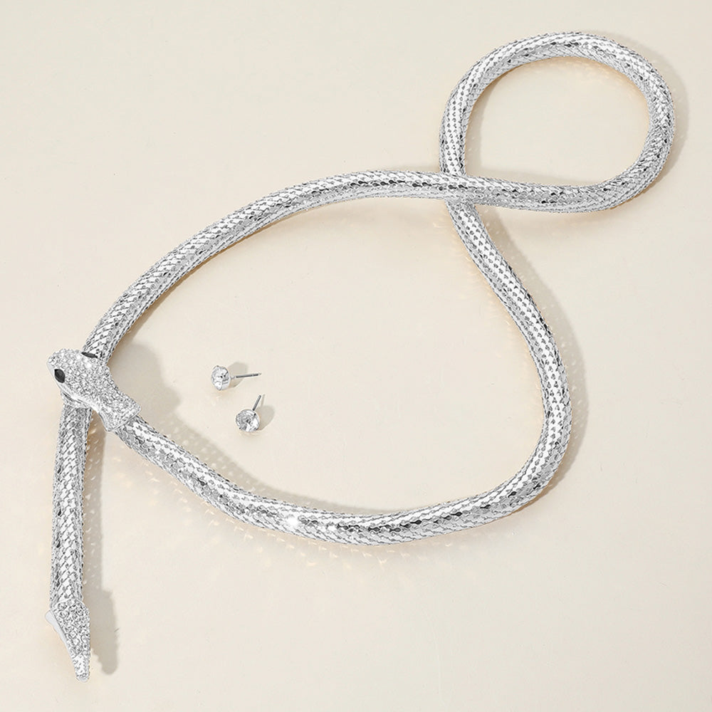 Madeline Love Silver Rhinestone Studded Snake Magnetic Long Necklace - Necklaces