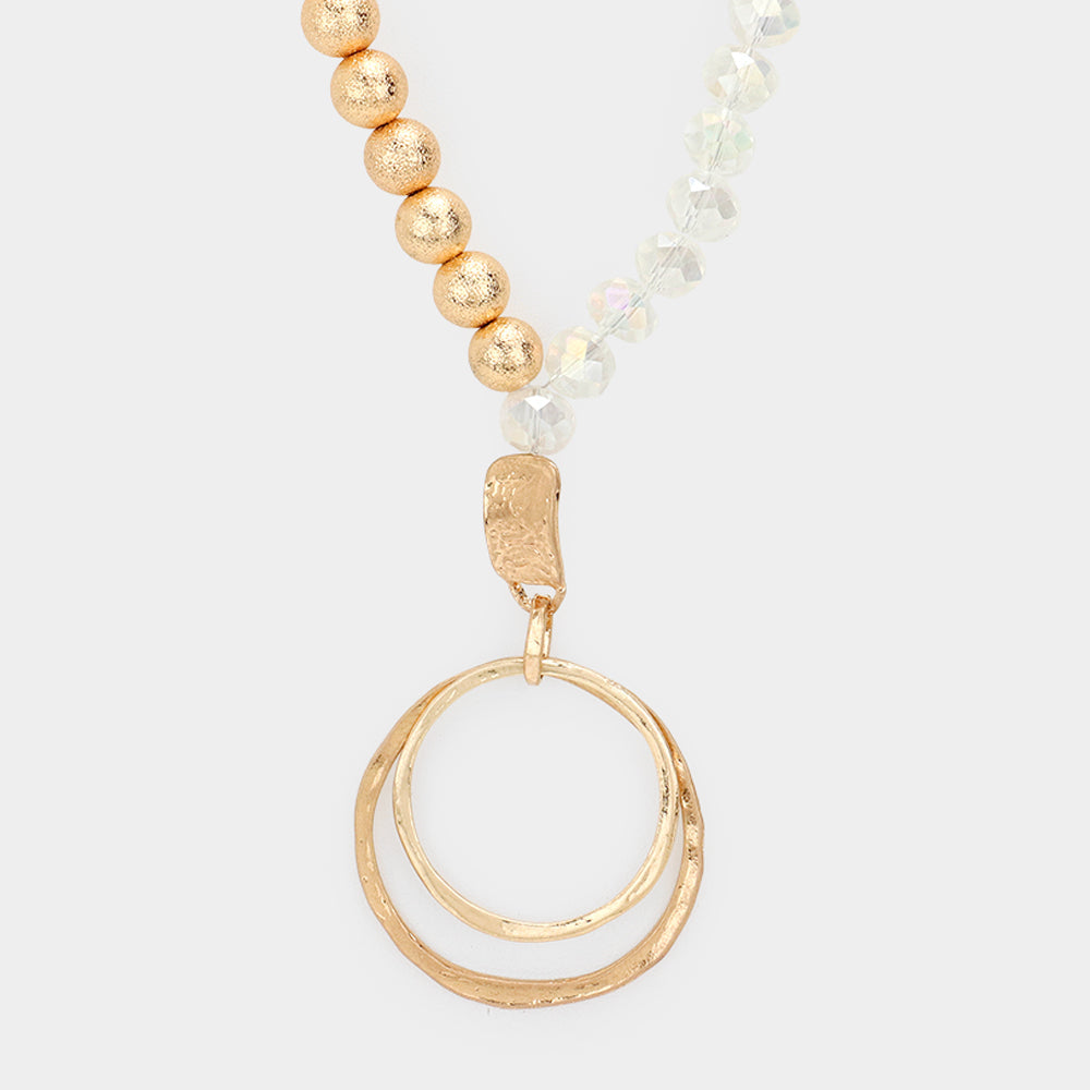 Madeline Love Clear Irregular Double Open Circle Pendant Frosted Metal Ball Faceted Beaded Long Necklace