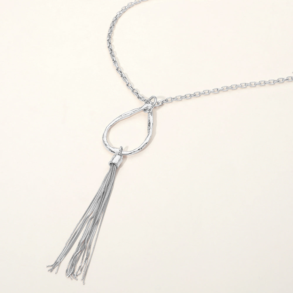 Madeline Love Rhodium Open Teardrop Tassel Drop Pendant Long Necklace - Necklaces