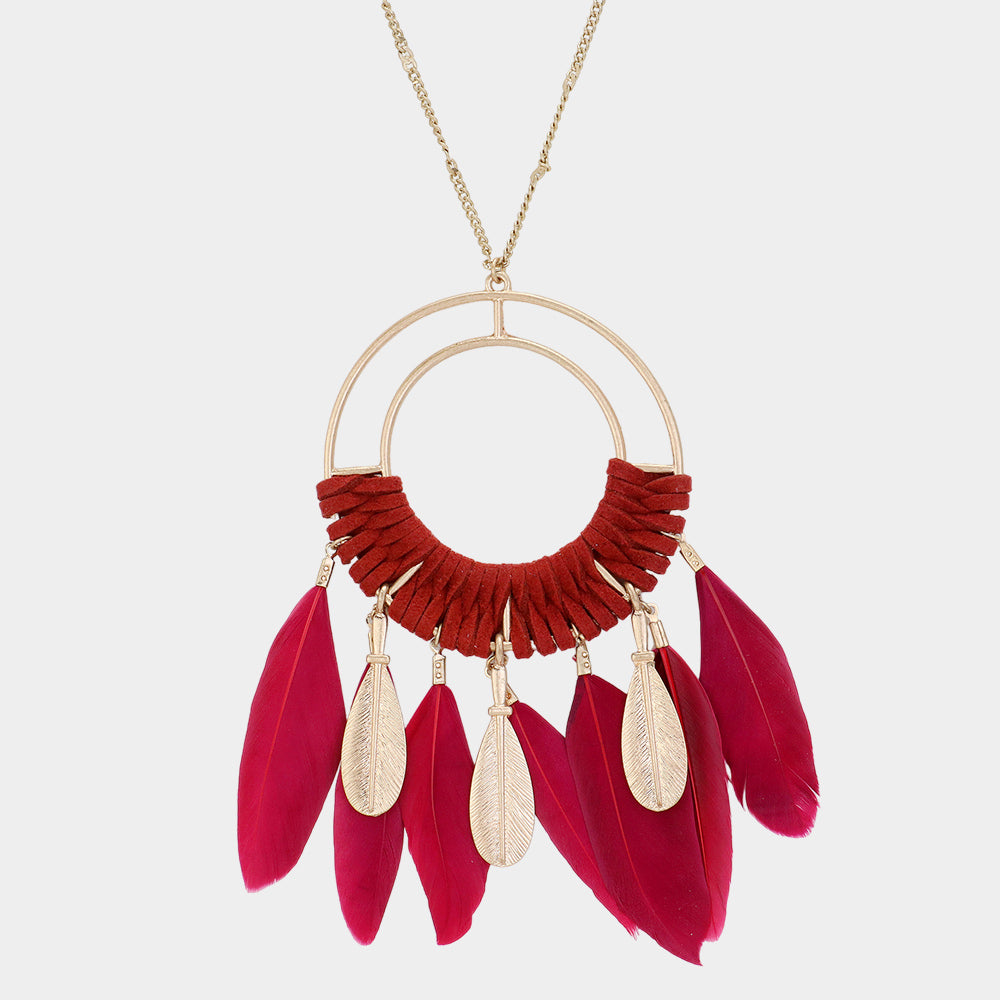 Madeline Love Burgundy, Gold Feather Suede Wrapped Pendant Necklace - Necklaces