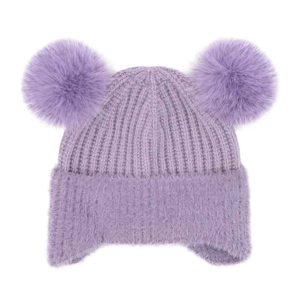 Lavender Kids Faux Fur Earflap Double Pom C.C Beanie combines warmth and playful design, featuring soft faux fur earflaps for added protection against cold and two double pom-poms for a charming look. Crafted from durable materials, this beanie ensures comfort and reliable insulation, making it an excellent choice for keeping children cozy during winter activities.