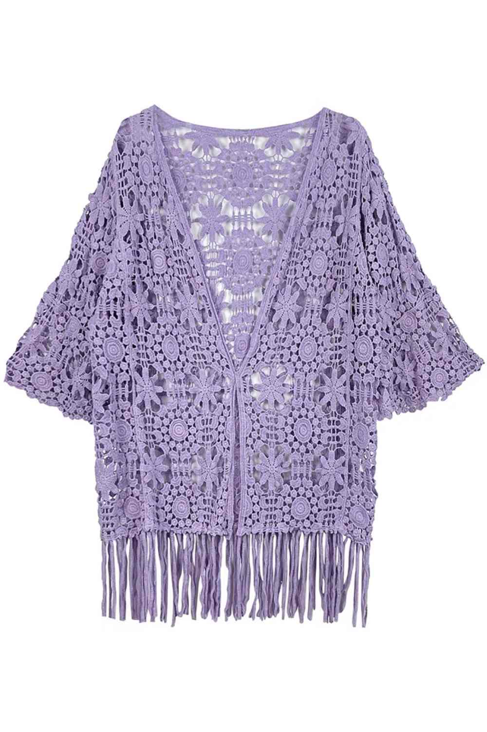 Lavender Effortless elegance meets comfort in this Solid Pattern Crochet Cardigan. Crafted from 100% cotton, this lightweight piece features a timeless crochet design perfect for layering or wearing solo. With generous dimensions of 31.1" x 20", it drapes beautifully for a relaxed, flattering fit. Ideal for warm weather styling, this versatile cardigan transitions seamlessly from casual days to evening outings.