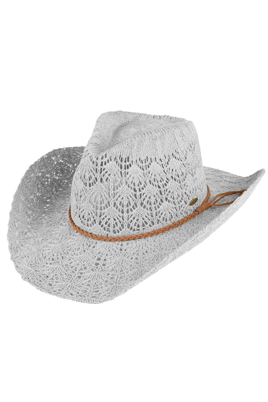 Light-Gray C.C. Horseshoe Lace Knitting Cowboy Hat is expertly crafted with intricate lace details and a classic western design. Made with high-quality materials, it offers both style and functionality, perfect for any outdoor adventure. Keep the sun out of your eyes while adding a touch of elegance to your outfit.