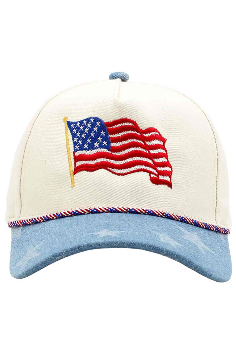 Light Bule Celebrate patriotic style with this classic American Flag baseball cap. Crafted from 100% cotton for comfort and breathability, it features the iconic flag design with color rope detailing and stars pattern along the brim. The one-size-fit-most design makes it perfect for everyday wear, whether you're heading to a game, outdoor event, or casual outing. A timeless accessory that pairs effortlessly with any wardrobe.