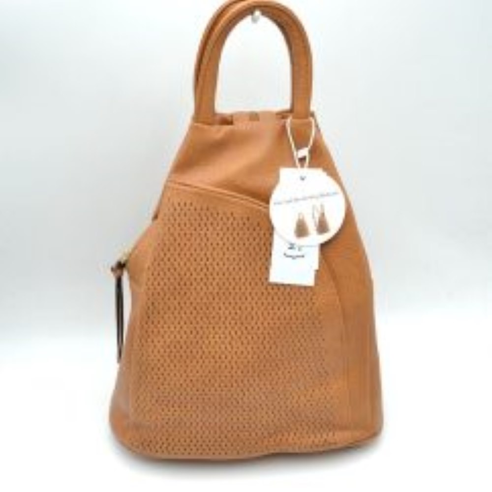 Light Brown This versatile bag features a distinct laser-cut perforated front panel and a teardrop silhouette, perfect for organized, stylish daily use. Designed for multi-way carrying, it can be worn as a standard backpack or converted into a shoulder bag, complemented by a sturdy top loop handle for easy handheld pickup. It offers a spacious main compartment with zipper access to keep your personal essentials secure on the go.