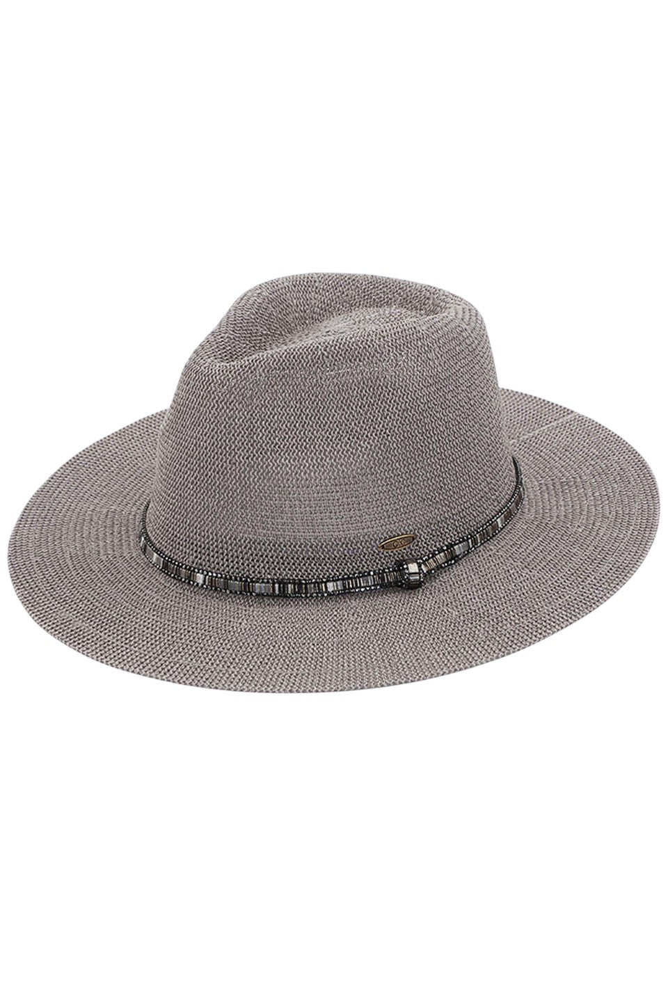 Light Gray C.C MULTI-THREAD RHINESTONE TRIM BAND PANAMA HAT is a must-have accessory for any fashion-forward individual. Crafted with multi-threaded material and adorned with stunning rhinestone trim, this hat adds a touch of elegance to any outfit. With its versatile design, it's perfect for any occasion and provides excellent sun protection.