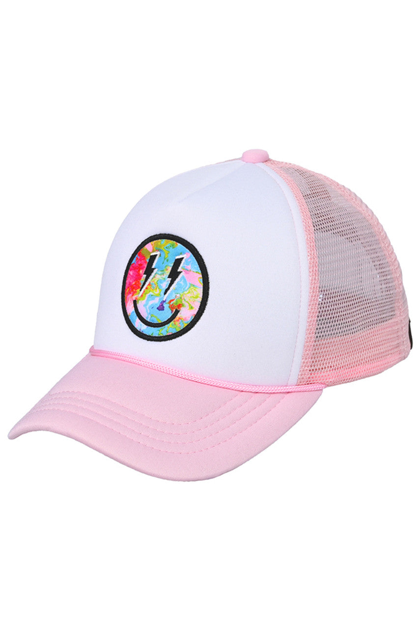 Light Pink C.C Lightning Bolt Eyes Smiley Face Trucker Cap is a fun and stylish accessory for any outfit. With its unique lightning bolt eye design and breathable mesh back, you'll not only look great but also stay cool and comfortable. Perfect for adding a touch of personality to your everyday look.